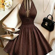 Vestido mini de línea A sin mangas con lazo en la cintura, estampado de lunares, marrón, tela texturizada, nuevo lanzamiento de verano, vestido de media longitud para resort de mujer, vestido de verano de mujer, vestido formal elegante de mujer, vestido casual de mujer, vestido de lunares de mujer, vestido elegante y encantador de mujer, vestido sin mangas de mujer, vestido de temporada de bodas de mujer, vestido de festival de música, atuendo de graduación, ropa casual y elegante para i AG - marrón - Ver 2