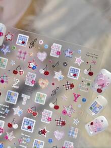 1pc 5D Preppy Style Nail Stickers, Plaid And Button Nail Art Stickers, Self-Adhesive DIY Nail Decoration Accessories, Summer Minimalist Nail Decals, Suitable For Back To School, Casual And Daily Wear, Premium Nail Supplies For Women - Multicolor - View 4