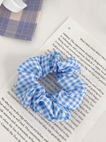 4/1pc Women's Plaid Fabric Elastic Hair Ties, Plaid Pattern Ponytail Hair Bands, Soft Large Hair Ties Headwear, Suitable For Makeup, Daily Outings, Fitness, Aesthetic Style Graduation Birthday Summer Party Gift For Her, Blue And White - Multicolor - View 7