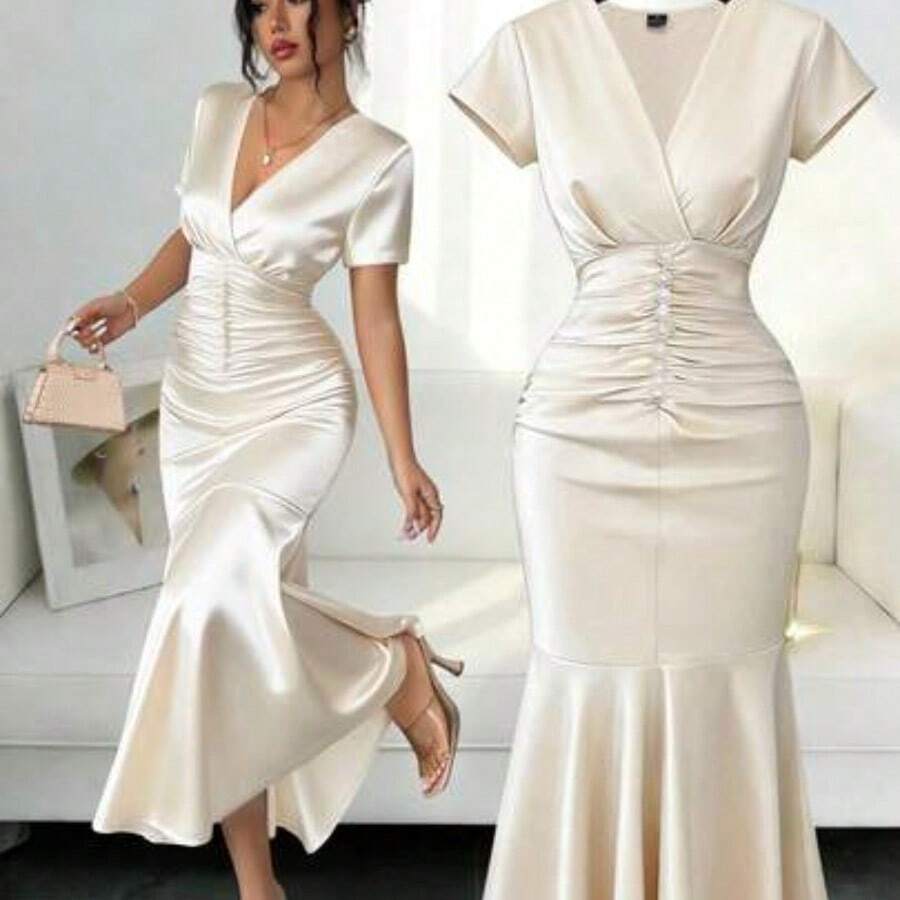 Vestido elegante y romántico de estilo francés ligero para uso diario, fiesta o citas, nuevo para primavera/verano, con decoración de perlas, dobladillo con volantes, diseño entallado de longitud media, cuello en V, unicolor, manga corta y plisado - Albaricoque - Ver 1