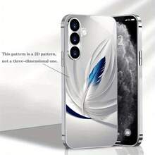 Expédition 24h depuis DE/FR/ES | Étui en verre trempé argenté électroplaqué avec motif de plumes blanches et ailes blanches bleu & blanc, protection de caméra & antichoc – Compatible avec Apple 11/12/13/14/15/16/17 Pro Max/Plus/SE/Air – Cadeau parfait – Pour Samsung Galaxy S21/S22/S23/S24/S25 Ultra - 1 image couleur - Voir 10