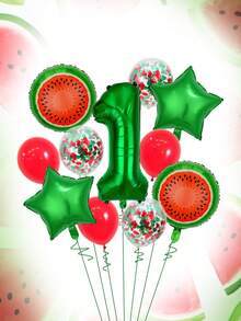 11pcs 32-Inch Red & Green Number Balloon Set, 18-Inch Watermelon Foil Balloon, Star Balloon, 12-Inch Red & Green Foil Confetti Transparent Latex Balloon, Suitable For Birthday Party, Watermelon Party, Summer Party Decoration - Multicolor - View 2