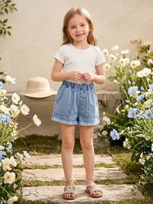 1pc Tween Girl Jeans, Cool Street-Style With Large Pockets & Rolled Hem - Medium Wash - View 9
