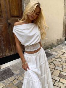 Áo croptop nữ gợi cảm thanh lịch phối ren trễ vai, áo thun croptop xếp ly trắng cho tiệc, du lịch và đi chơi - trắng - Xem 4