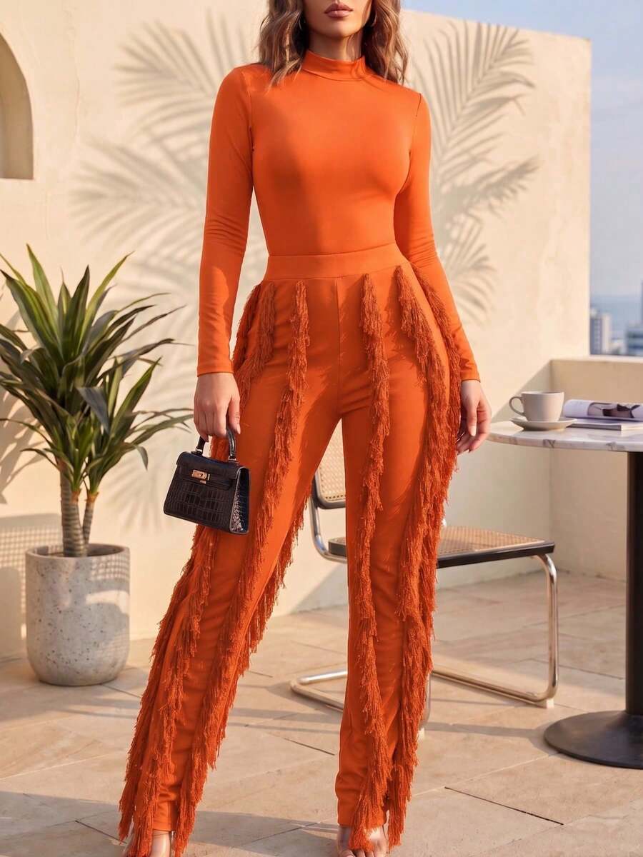 CALEBGAR Women's Sexy Two Piece Outfits Long Sleeve Fringe Pants Set Clubwear Going Out Birthday Party Night Outfits - 橘色 - 查看 1