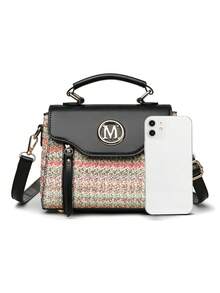 Retro Minimalist Printed Crossbody Bag With Adjustable PU Strap, Flap Closure, New Year - Hot Pink - View 3