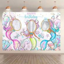1pc Purple Mermaid Style Polyester Photo Backdrop, Printed With "Happy Birthday" Text, Reusable, Suitable For Birthday Party Background Decoration, Photo Prop Backdrop - View 1