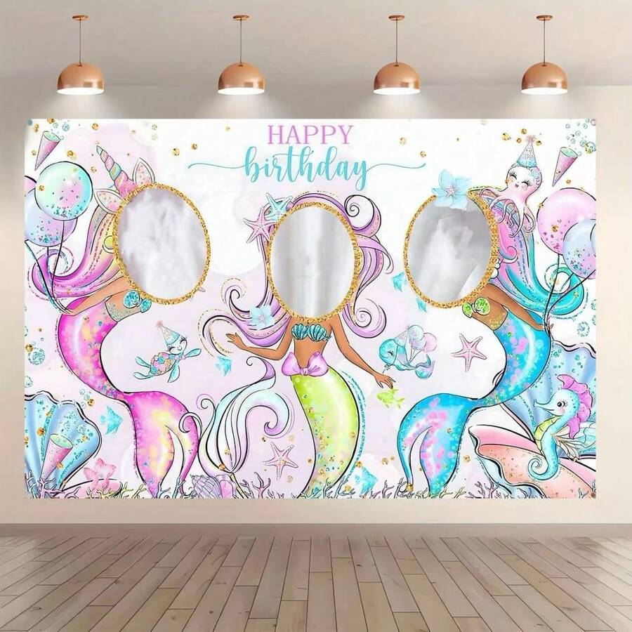 1pc Purple Mermaid Style Polyester Photo Backdrop, Printed With "Happy Birthday" Text, Reusable, Suitable For Birthday Party Background Decoration, Photo Prop Backdrop - View 1