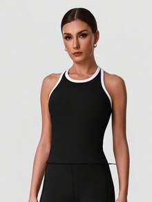 Sodalemon Áo tank top tập luyện phối màu cho nữ, áo tank thể thao chạy bộ yoga lưng chữ I, áo vest fitness lưng racerback - màu đen - Xem 4