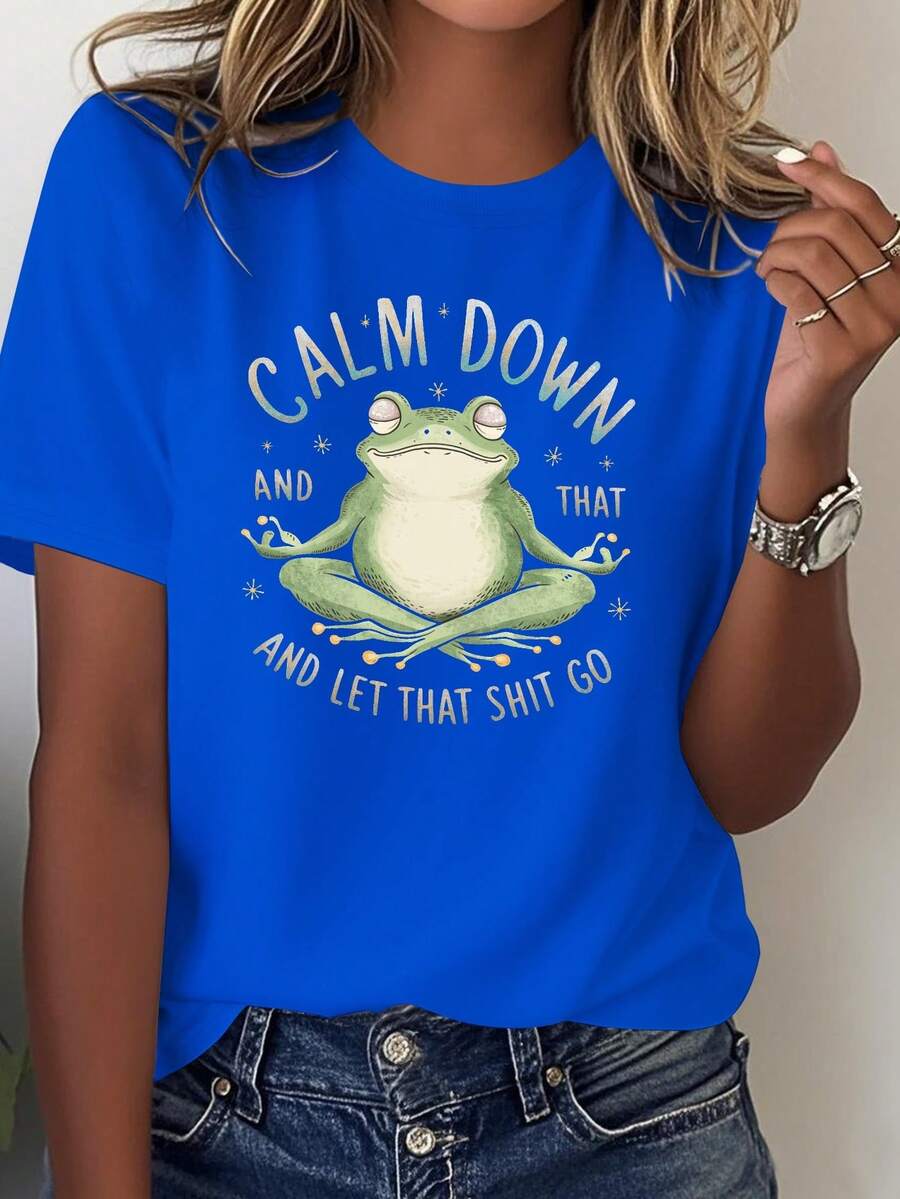 Camiseta Frog Lady 100% Algodón - Diseño Zazen y eslogan, negra con estampado verde, corte holgado e informal, cómoda para todas las estaciones y lavable a máquina. - Azul - Ver 1