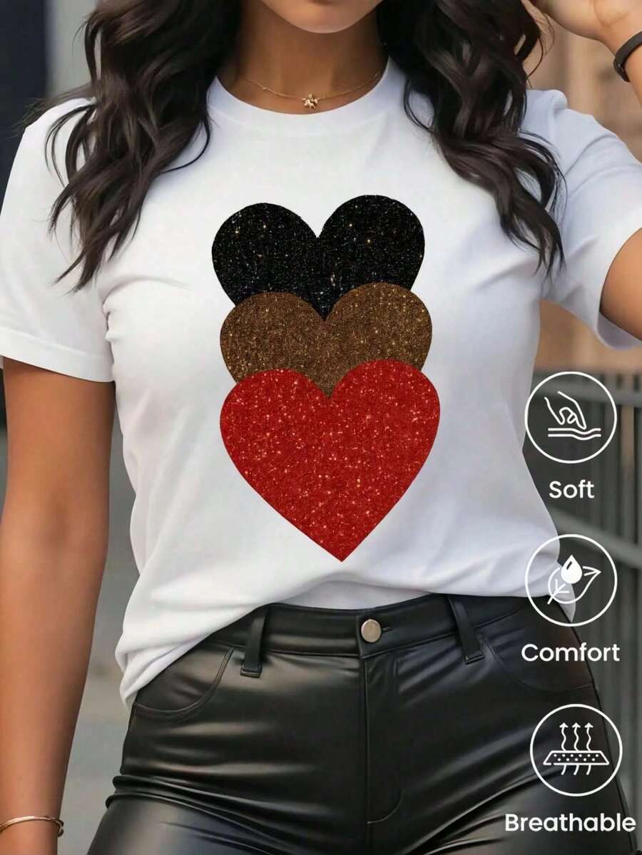 Women's Fitted White T-Shirt, Short Sleeves, Round Neck, With A Print Of Three Bright Hearts In Black, Brown And Red, Casual Chic And Romantic Style - 白色 - 查看 1