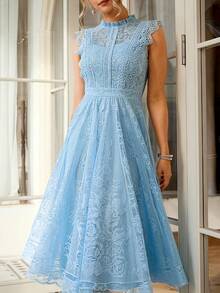 Women's Wedding Guest Dress, New And Elegant Fan-Shaped Lace Flared Dress, Retro Sleeveless Lace Dress, Suitable For Wedding Bridesmaid Dress, Evening Party, Casual Romantic Dates - 鵝黃色 - 查看 2