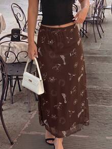 Plus Size Women's Casual Brown Vacation Wavy Ruffle Elastic Mesh Printed A-Line Skirt, Spring/Summer - Brown - View 4