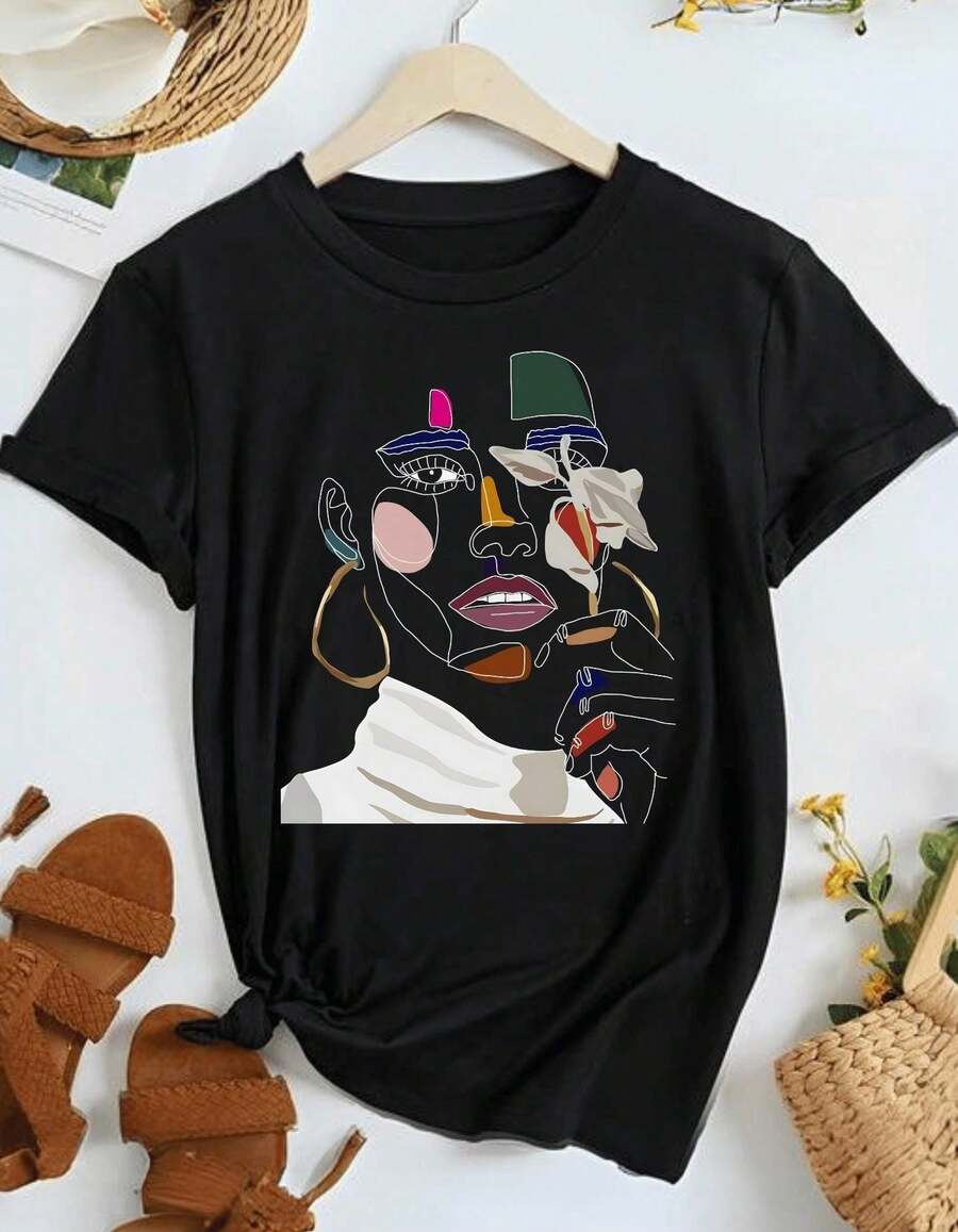 Minimalist Line Art T-Shirt – Abstract Neon Female Face Design, Loose Fit Retro Tee - 返回 2 - 查看 1