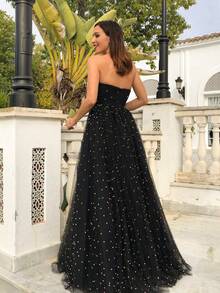 Women's Strapless Sleeveless Dresses With Rhinestones, European American Style, New Season Collection, Fitted, Elegant, Casual, Ideal For Parties, Versatile - 黑色 - 查看 5