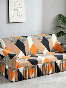 1pc Printed Hem Style Full Coverage Elastic Sofa Cover, Dust-Proof & Stain-Resistant, Stretchy One-Piece Full Coverage Sofa Protector, Living Room Home Decor, Machine Washable - Orange - View 2