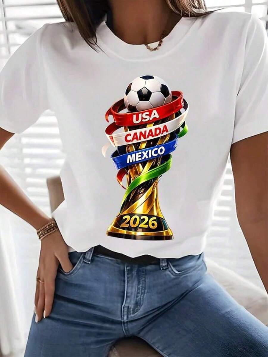 LXF2026 The Graphic Symbolizes The Union Of Three Football-Loving Nations With Vibrant Colored Ribbons Around A Trophy Representing Global Passion And Energy For 2026. Comfortable, Modern-Cut Women's T-Shirt Ideal For Everyday Wear And Sports Fans. XIAM - 白色 - 查看 1