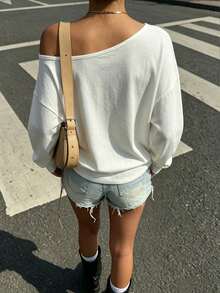 FLEXCHIC Women's White Knit Loose One Shoulder Long Sleeve T-Shirt Casual - White - View 3