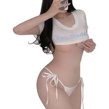 Japanese Lingerie Crop Top Bikini Cheeky Anime Cosplay Underwear Set Yes Daddy Shirt And String Panty - trắng - Xem 1