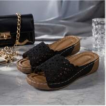 Women Summer Wedge Heel Thick Soled Bohemian Style Sandals Comfortable Platform Espadrilles For Beach Vacation - Black - View 6