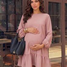 YYRR MaterniWear Vestido holgado de manga larga caqui informal para mujer, vestido corto para otoño/invierno, para oficina/trabajo/graduación/maestras, vestido de maternidad - Rosa - Ver 1