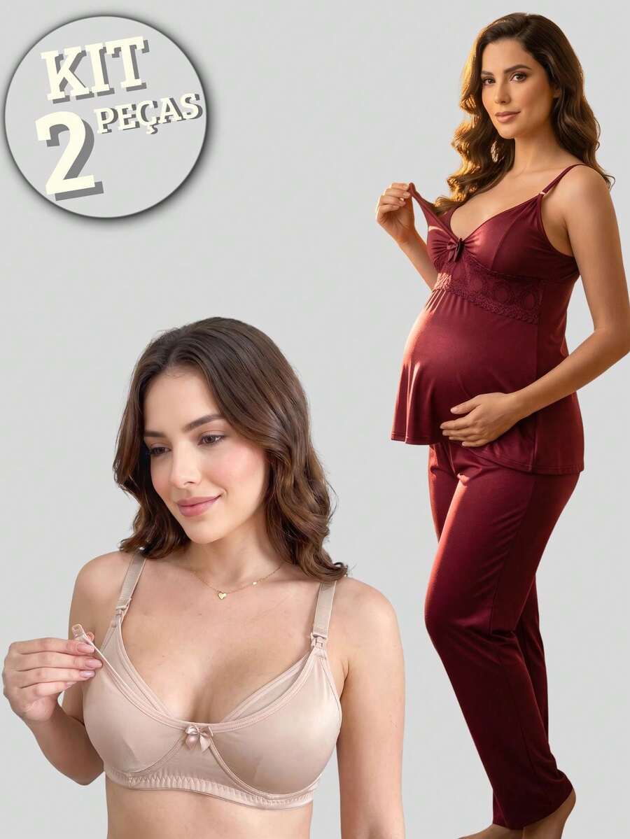 KIT Sutiã Amamentação Abre Fácil Reforçado MICROFIBRA + Pijama CALÇA DOLL longo com Blusa em Click - S: Nude/ CD: Vinho - Visão 1