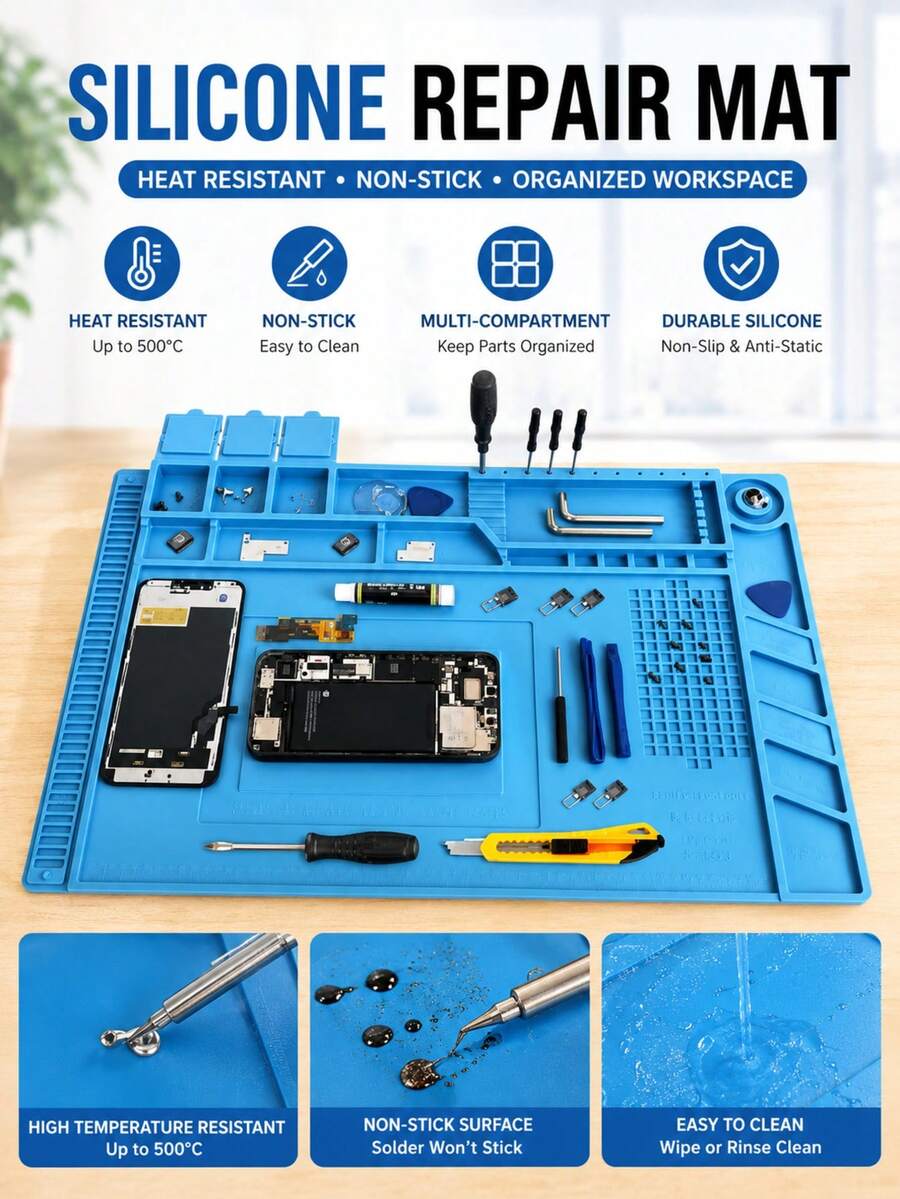 1pc 30cm*45cm Silicone Soldering Mat - Non-Slip Magnetic High-Temperature Workbench Mat For Phone, Laptop Repair, Electronics Maintenance, DIY Projects (Tech Enthusiast Essential Tool), Applicable Tools, Work Tools, DIY Tools, Screwdriver - Multicolor - View 1