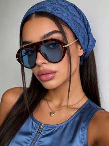 1 Pair Oversized Oval Metal Temple Women's Fashion Glasses Tortoiseshell Women's Eyewear Suitable For All Seasons Vacation Beach Accessory Daily Casual Versatile Glasses Outfit Accessory - Blue - View 2