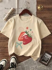 1pc Girls' Summer Sweet Style Strawberry Print T-Shirt, Fresh Plaid Bow & Star Pattern Top, Loose Comfortable Breathable Casual Everyday Versatile Outfit For Energetic Girls, Random 3 Piece, Send 1 Piece - Apricot - View 4