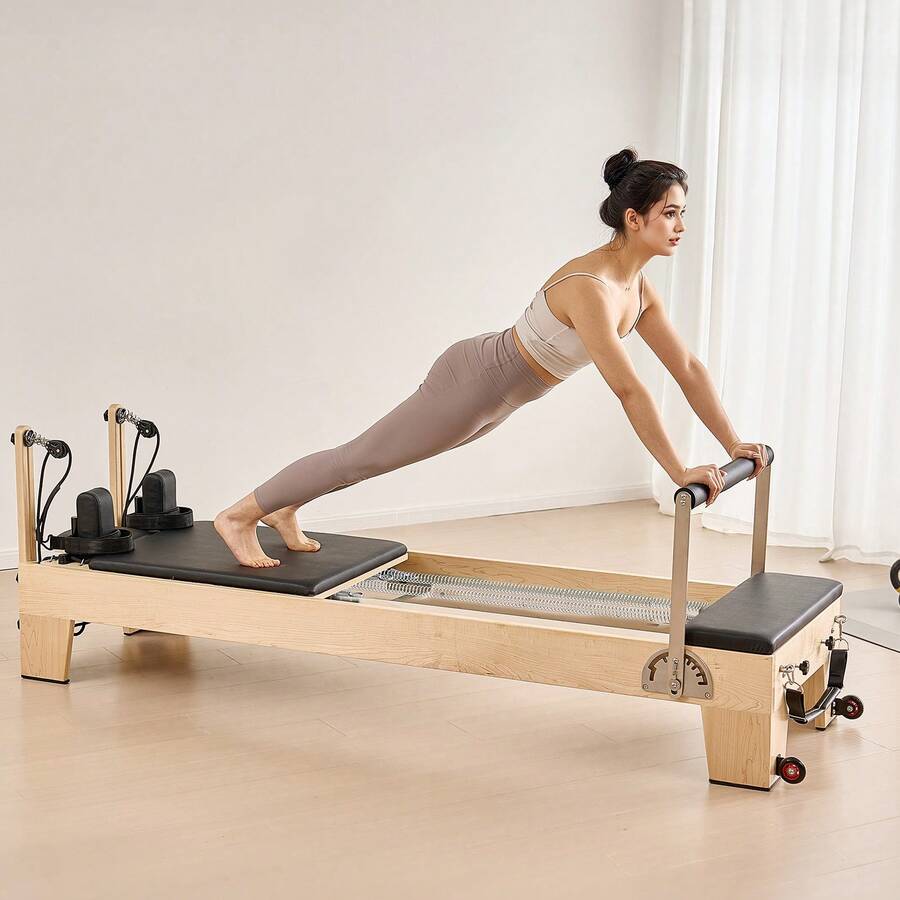 Pilates Reformer Machine, Wooden Pilates Workout Equipment For Home Gym Studio Use, Pilates Bed With Dual Resistance- Spring & Cord, Reformer Set With Sitting Box, Up To 400 LBS - 400 Lbs - View 1