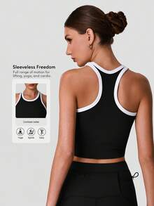 Sodalemon Áo tank top tập luyện phối màu cho nữ, áo tank thể thao chạy bộ yoga lưng chữ I, áo vest fitness lưng racerback - màu đen - Xem 2