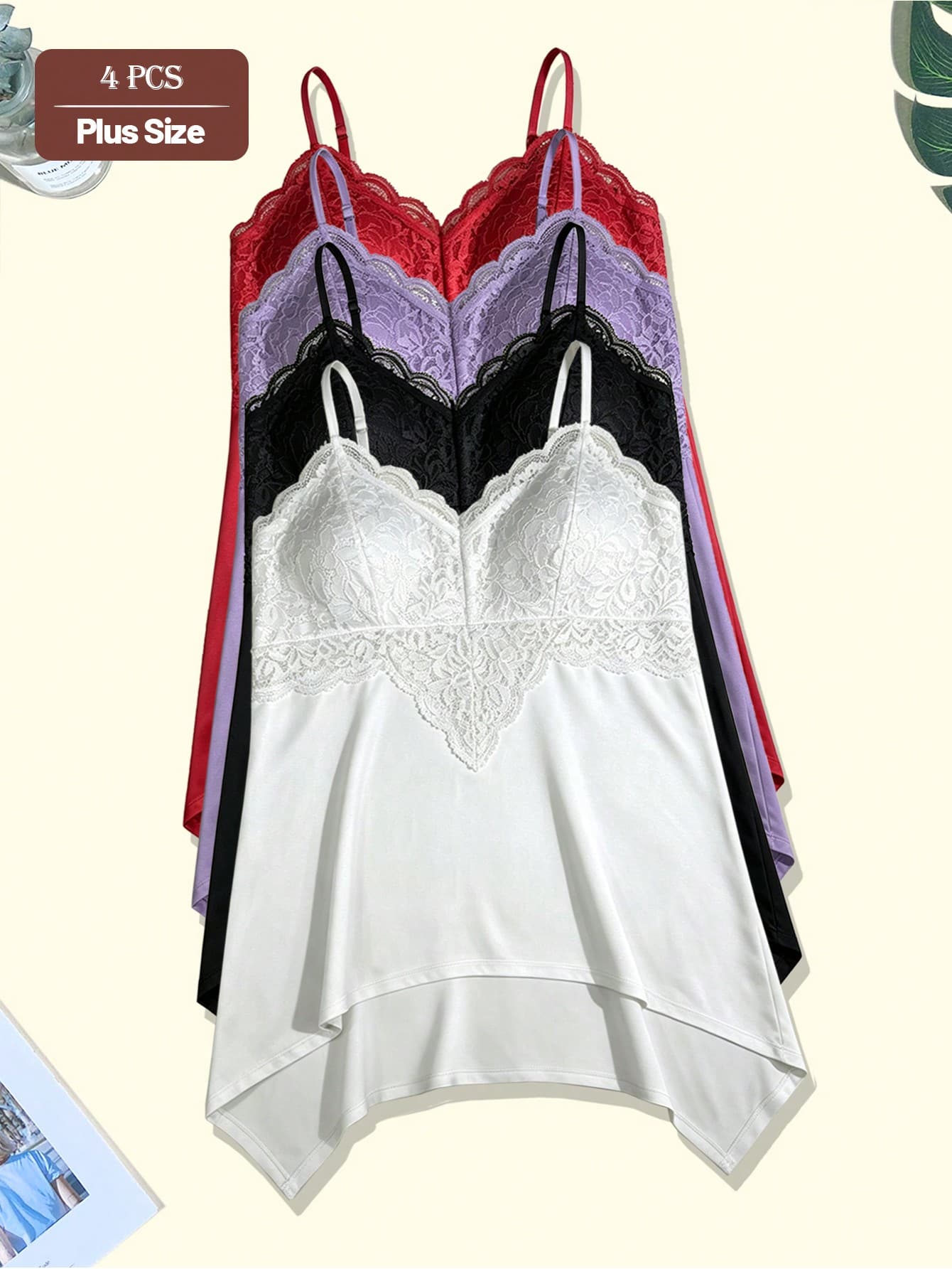 4pcs Solid Color V-Neck Lace Patchwork Semi-Sheer Comfortable Sexy Built-In Padded Adjustable Strap Plus Size Women's Camisole Tank Top - Multicolor - View 1