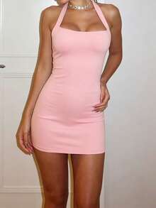 LovelyWholesale Women's Sexy Spaghetti Strap Solid Color Fitted Mini Summer Dress Elegant - Pink - View 4