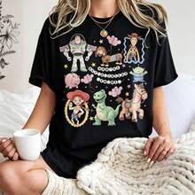Disney Women's Tee, Watercolor Toy Story Characters "You've Got A Friend In Me" Oversized Retro Cotton T-Shirt, Cartoon Matching Outfit - 黑色 - 查看 1