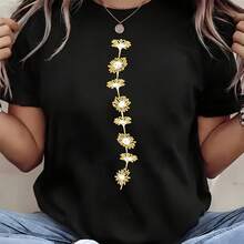 Golden Daisy Pattern Print Text T Shirt For Spring And Summer Comfortable Cotton T Shirt Suitable As A Gift - Black - View 1