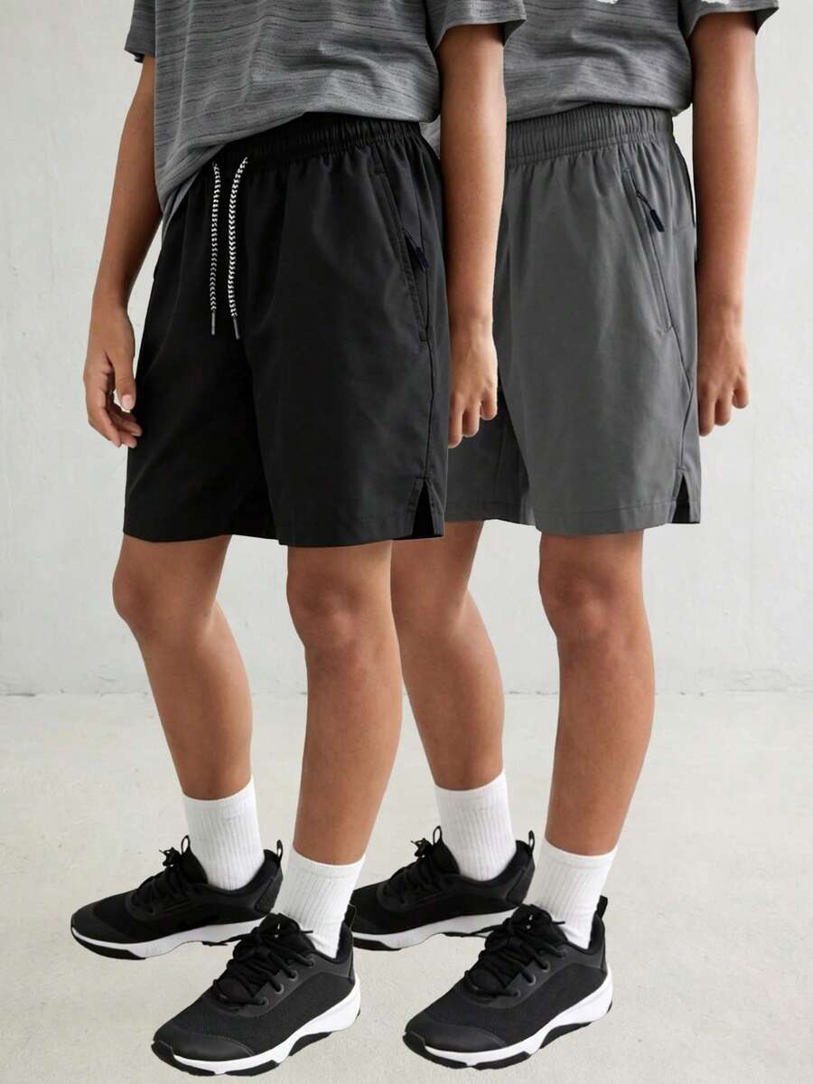 2pcs/Set Tween Boys Casual Outdoor Sports Shorts, Letter Print Accent, Side Zipper Pocket, Drawstring Waist, Summer - Black - View 1