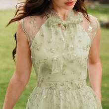 yonghongmaoyi1  Vestido de mujer elegante y vintage con bordado floral de malla y lazo, vestido casual de verano para vacaciones, vestido de primavera, ropa de primavera para mujer, vestido de fiesta elegante, vestido de invitada de boda, vestido de graduación, vestido de ceremonia elegante, vestido formal para mujer - Celeste - Ver 3