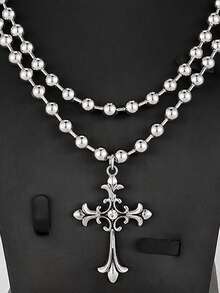 1pc Fashion Vintage Punk Style Cross Pendant Necklace Metal Inlaid CZ Silver Beaded Multi-Layer Necklace - Silver - View 3