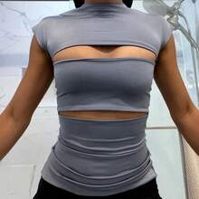 Camiseta ajustada con cuello alto para Mujer, camisa Sexy envolvente en el pecho, camiseta de manga corta por el trasero, camisetas para Mujer - Gris - Ver 2