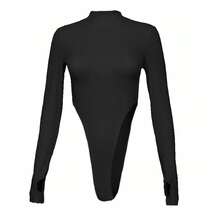 Bodysuits de primavera para mujer, camisetas sexys ajustadas de manga larga Y2k, cuello medio alto, ropa femenina para discoteca, mono de moda Qx36 - Negro - Ver 2