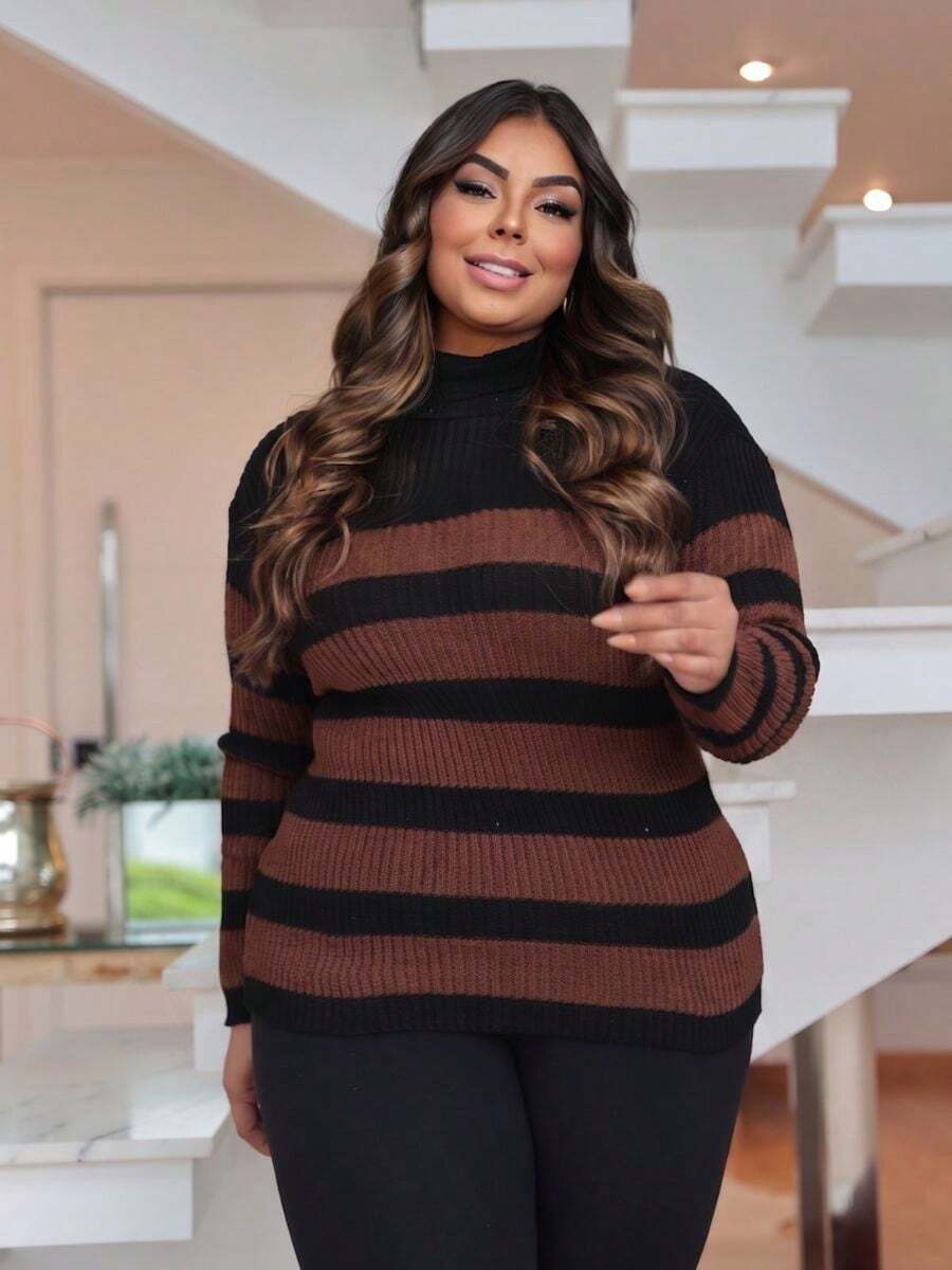 Women's Plus Size Striped Turtleneck Knit Blouse For Cold Weather - Black and Dark Brown - View 1
