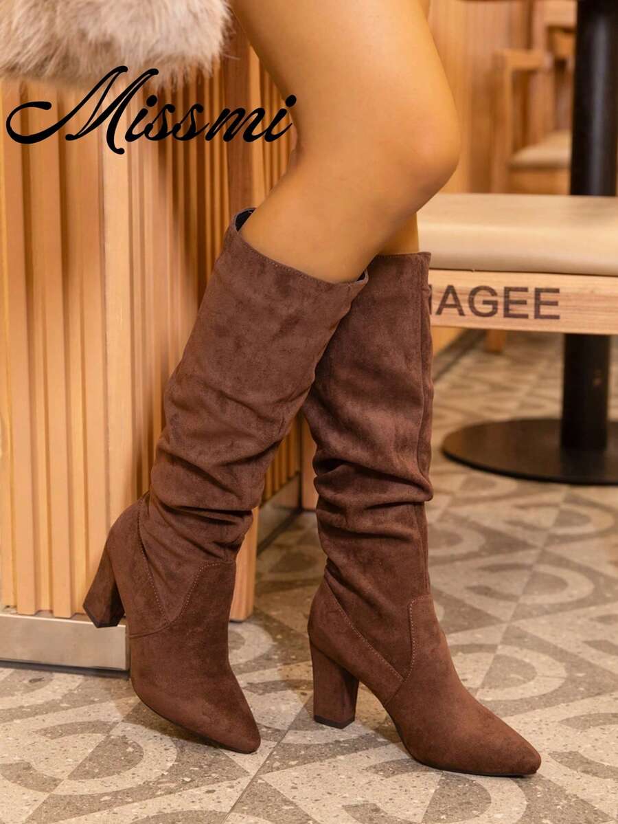 Black Slimming Multi-Color New Crinkle Tall Boots, Pointed Toe Chunky Heel Over-The-Knee Boots For Women, Autumn/Winter 2025