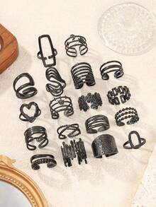 Set Cincin Stainless Steel Hitam Pola 3D Campuran Berkualitas Tinggi 6/8/16/12pcs, Gaya Acak Seperti yang Ditampilkan, Ukuran Terbuka Dapat Disesuaikan, Gaya Gotik. Cocok untuk Dekorasi Halloween Wanita atau Hadiah - Hitam - View 2