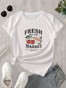 Top de mujer de manga corta y cuello redondo con estampado de mercado fresco, apto para todas las estaciones. - Blanco - Ver 1