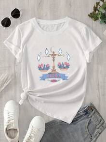 Camiseta de manga corta y cuello redondo para mujer con estampado floral y de velas, apta para todas las estaciones. - Blanco - Ver 1