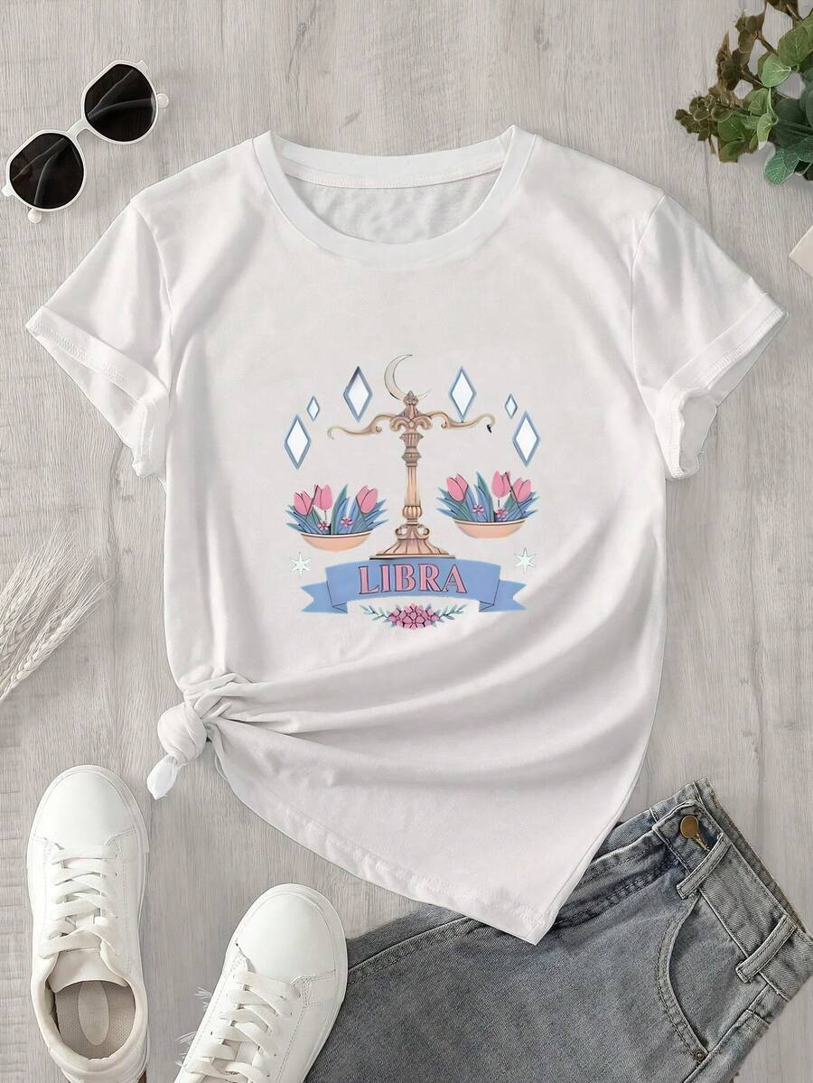 Camiseta de manga corta y cuello redondo para mujer con estampado floral y de velas, apta para todas las estaciones. - Blanco - Ver 1