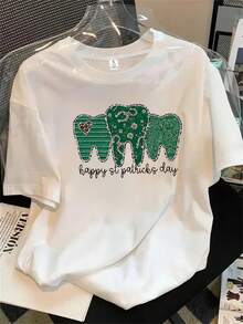 Camiseta de manga corta y cuello redondo para mujer en color verde con estampado de "Feliz Cumpleaños", apta para todas las estaciones. - Blanco - Ver 1