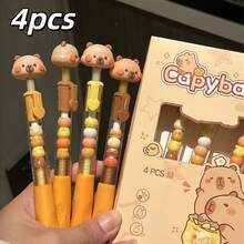 4Pcs Capybara Stackable Card Holder Retractable Gel Pen Set, Healing Milk Cream Style, 0.5mm ST Black Smooth Quick-Dry Ink, 3D Beaded Pen Top, Student Classroom Notes Homework Writing Stationery - Sets - View 6
