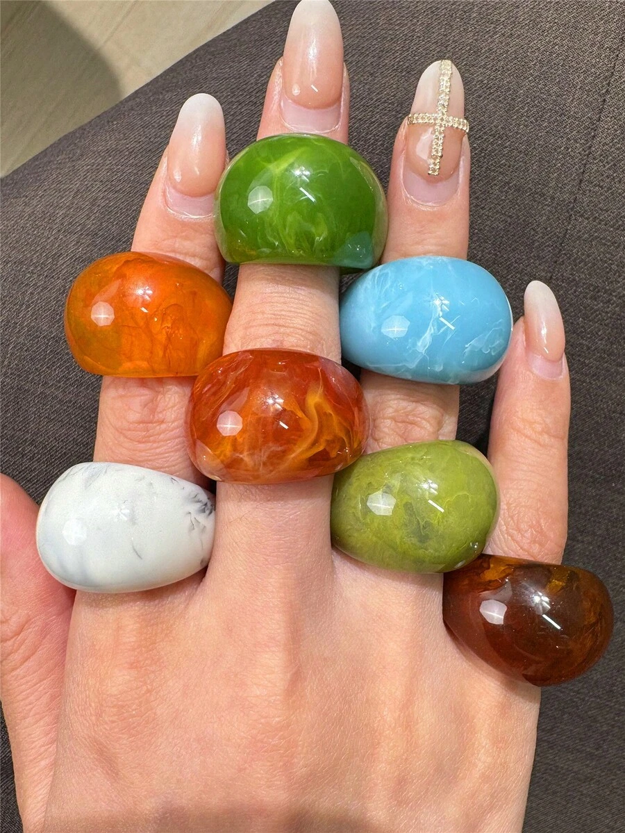 4pcs/Set Cincin Resin Minimalis Geometris Unik Bergaya, Set Cincin Oval Besar, Cokelat, Merah, Hijau, Abu-abu, Putih, Gaya Wanita, Cocok untuk Pemakaian Sehari-hari, Liburan, dan Pesta. - MultiWarna - View 1