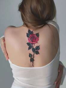 1pc Fashionable Cool Tattoo Sticker, Couple Tattoo, Black Fake Tattoo, Disposable Tattoo, Rose, Flower, Leaf, Waterproof Non-Reflective, Easy To Apply And Remove, Very Realistic, Suitable For Men Or Women Legs, Feet, Chest, Legs, Arms, Waist, Abdomen Tattoo Sticker Music Festival Party Supplies - Black - View 10